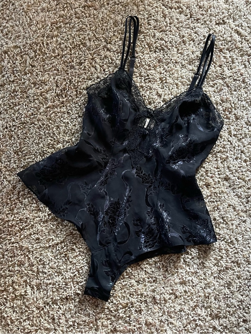 Vintage Victoria's Secret Black Satin Lace-Trim Bodysuit